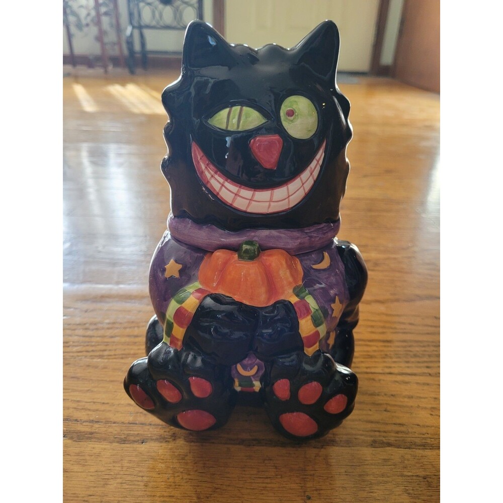Halloween Ceramic Funny Black Cat Cookie Jar 9"